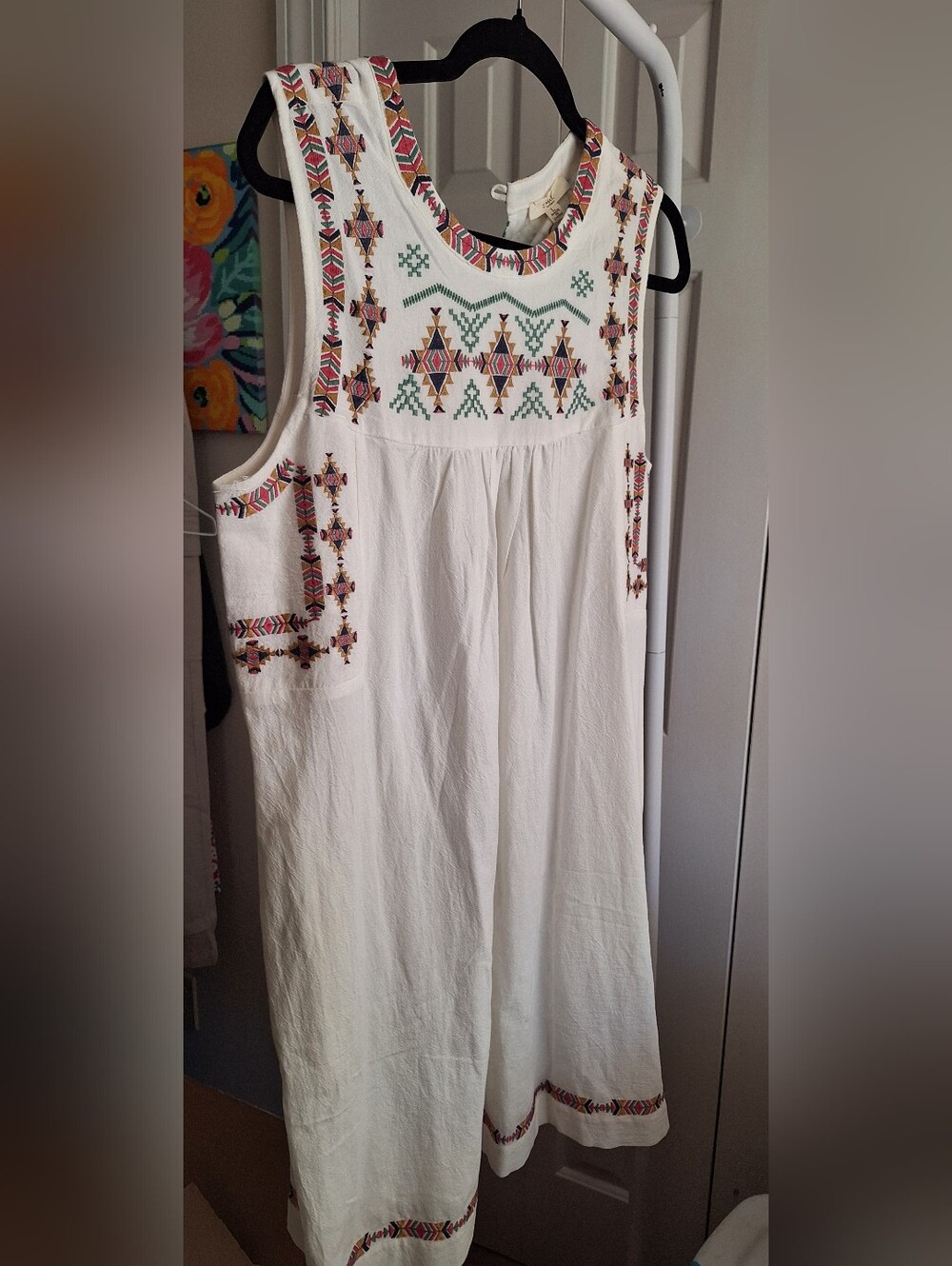 Easel Sleeveless Cream Dress with Pink, Green and Gold Embroidered Trim